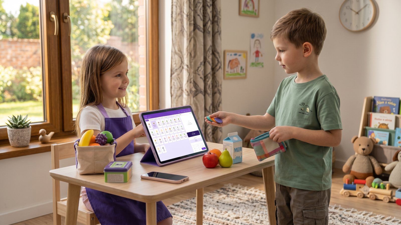 A girl at the tablet register while a boy hands her money