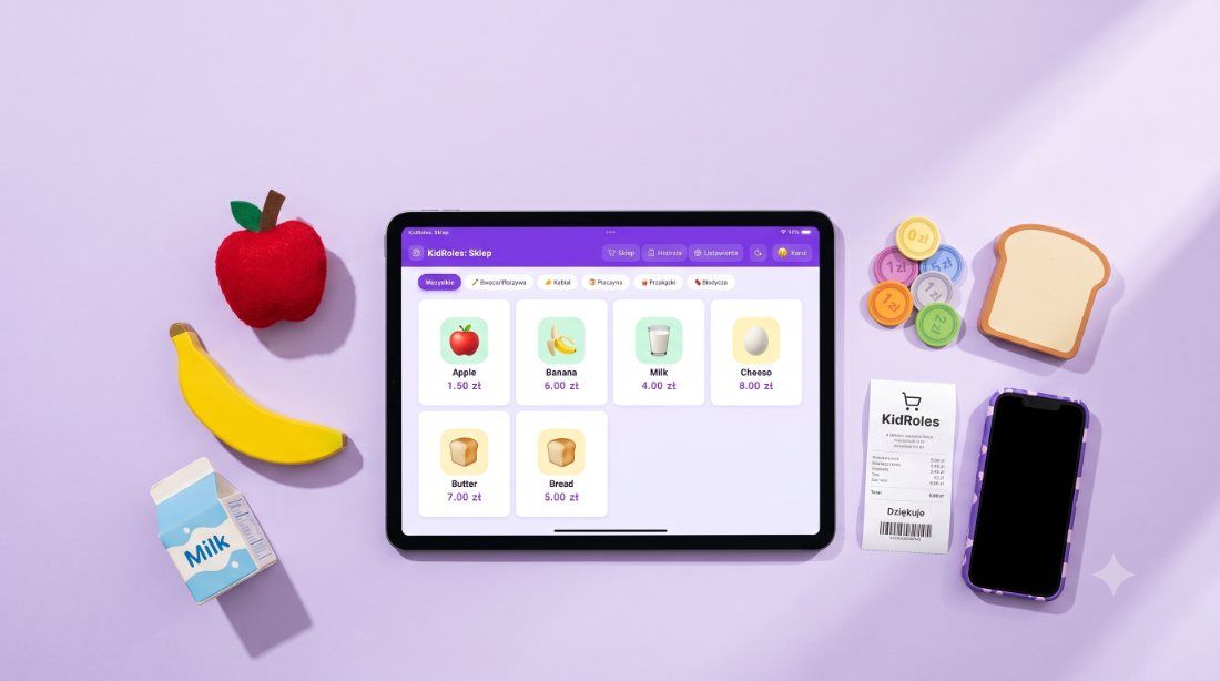 Top view: a tablet with the KidRoles register, felt fruit, play coins, a phone and a receipt