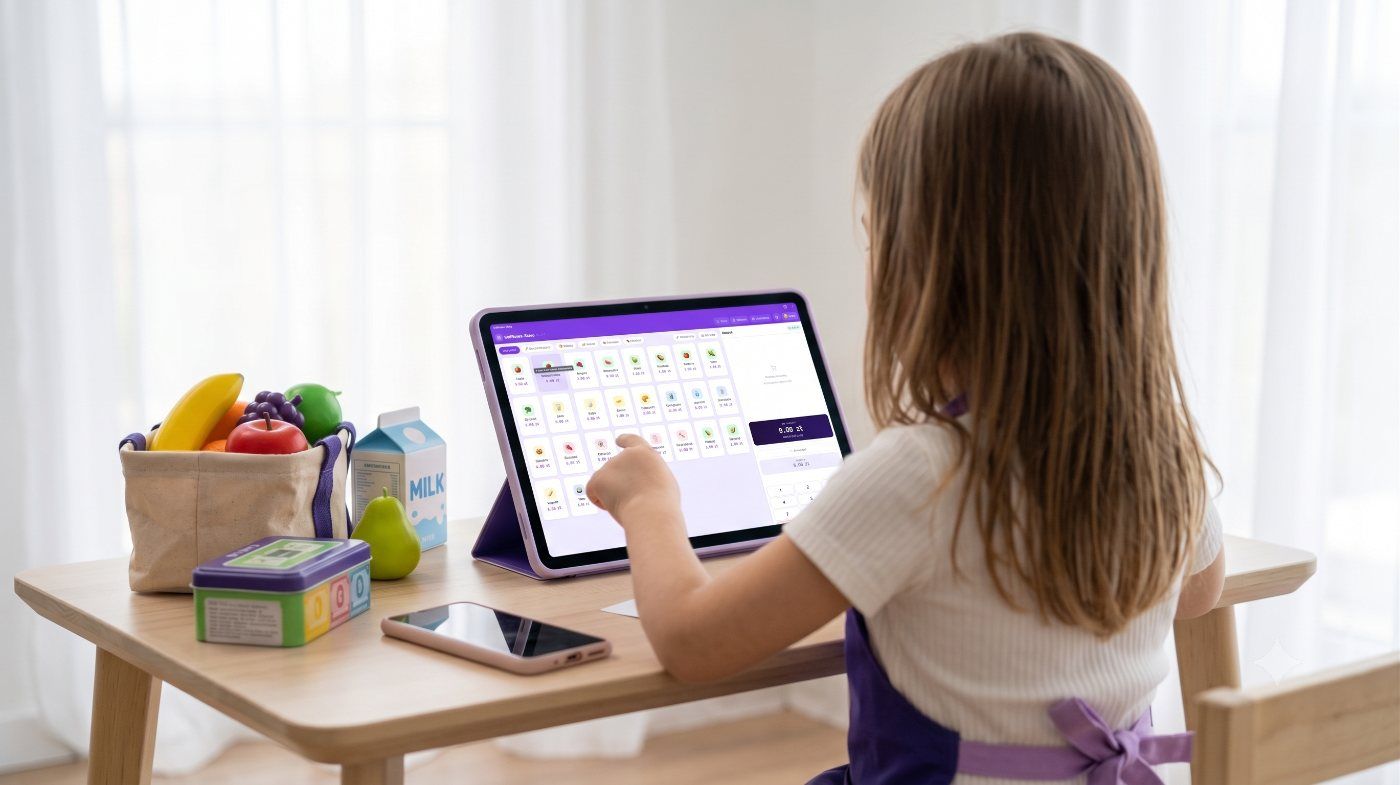 A girl picks products on the register screen