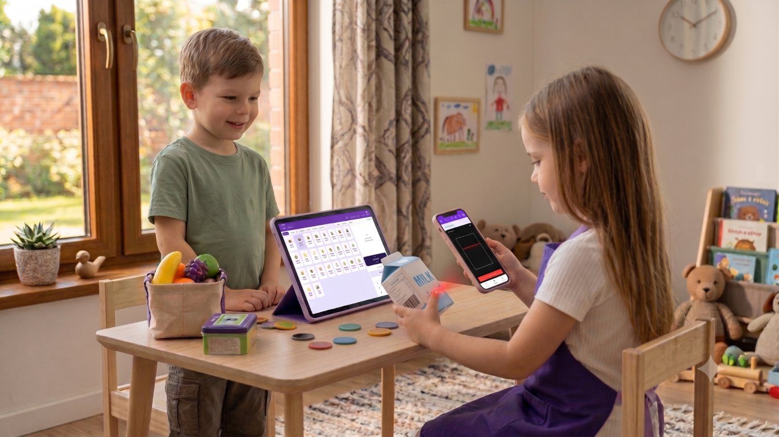 A girl scans a milk carton with a phone while a boy runs the KidRoles register on a tablet